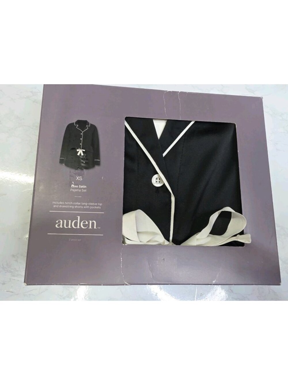 Auden Luxe Satin Pajama Set Black Long Sleeve Top and Shorts 2pc Size XS. WL337